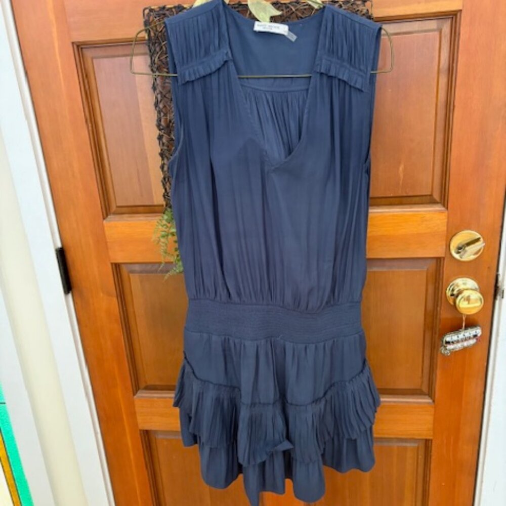 Ramy Brook Blue V Neck Tiered Ruffled Pleated Tunic Mini Dress Size Large